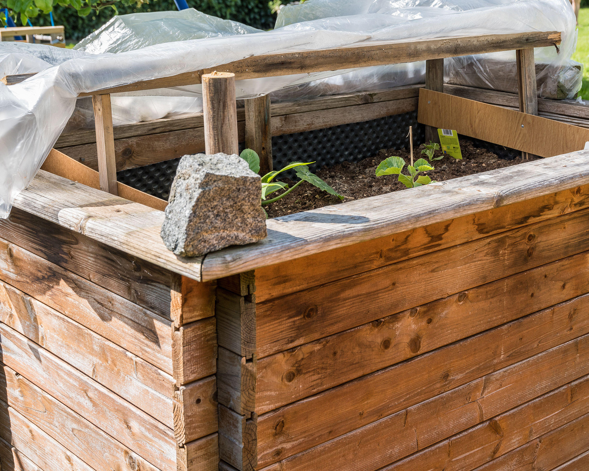 Planted raised bed in spring in your own garden - self-made cold frame