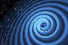 An artists illustration of two black holes circling around each other and colliding, 1.4 billion light years from Earth. The merger created ripples in spacetime called gravitational waves. LIGO detected those waves in December, 2015.