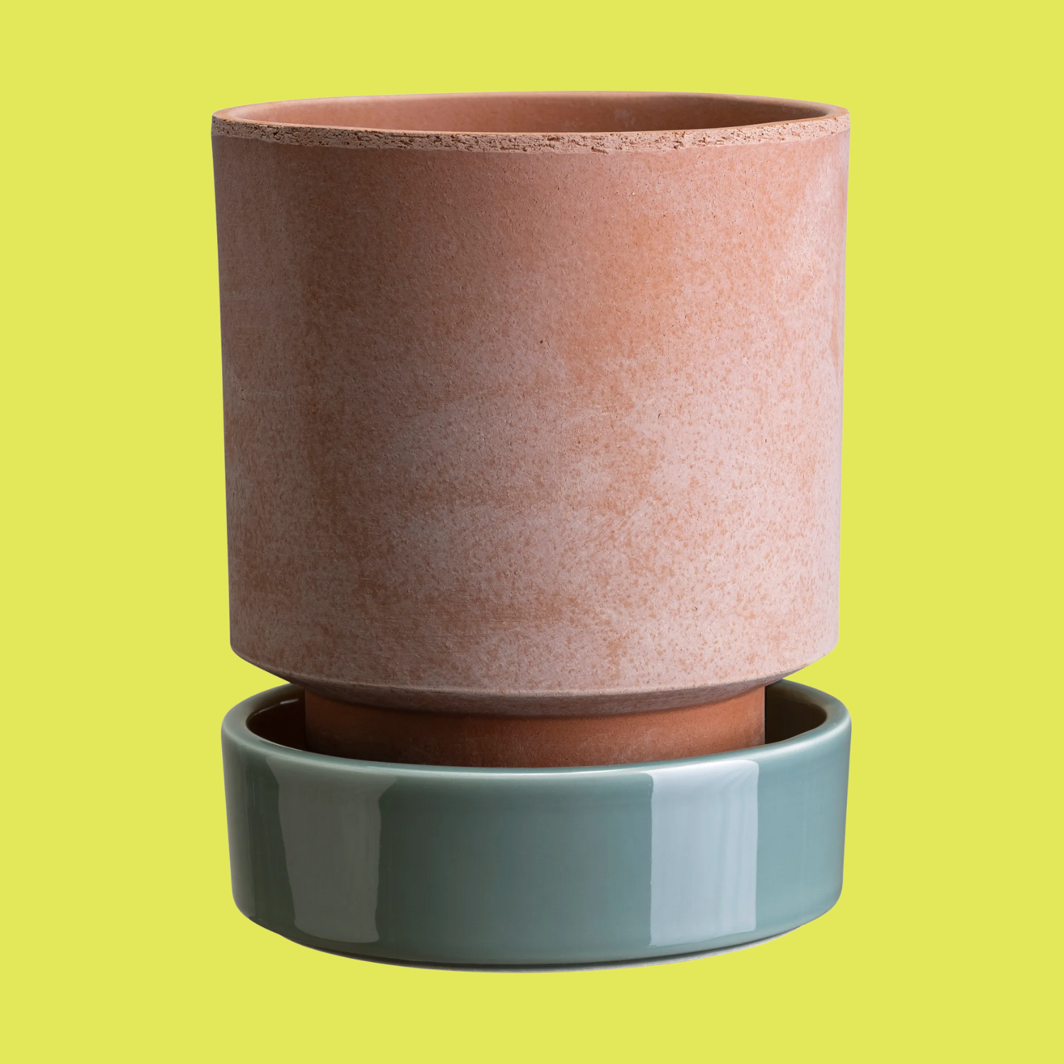 A terracotta planter with a light blue glazed saucer
