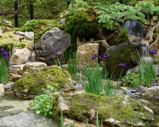 pond and waterfall in Green Switch. Designed by: Kazuyuki Ishihara. Sponsored.by: G-Lion. RHS Chelsea Flower Show 2019