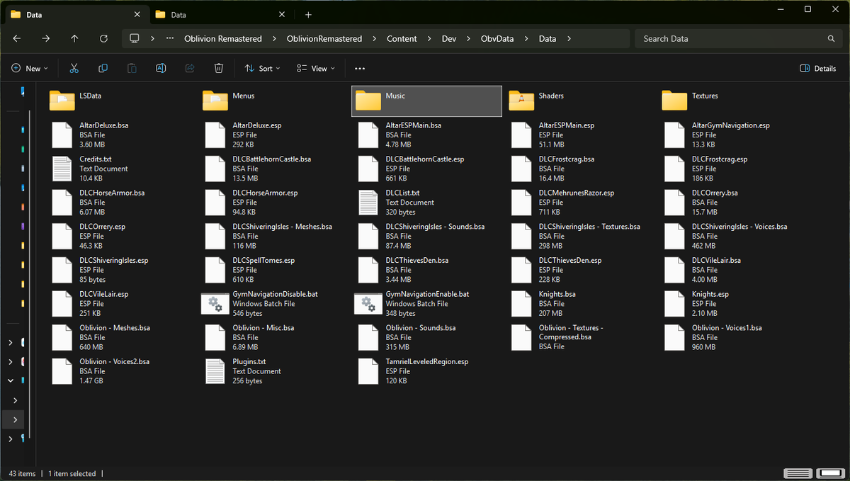The file directory for Oblivion Remastered, showing a lot of .esp, .esm, and .bsa files.