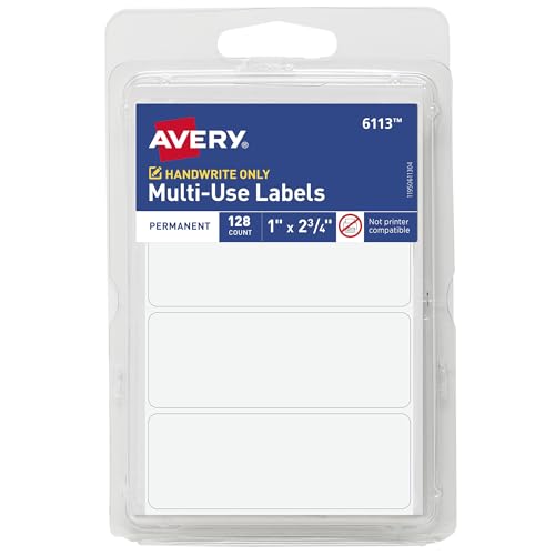 Avery Multi-Use Permanent Labels, 1" X 2.75", White, Non-Printable, 128 Blank Labels Total (6113)