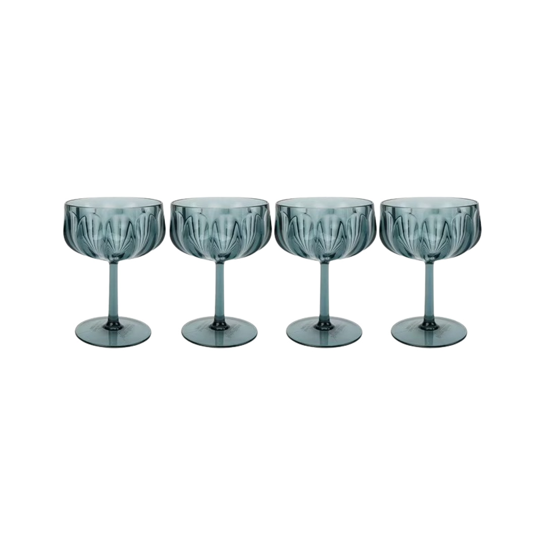 Set of four plastic blue coupe glasses
