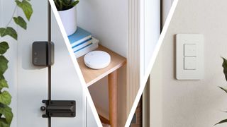 Split image of Ring door sensor, glass break sensor, and smart light switch