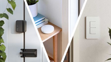 Split image of Ring door sensor, glass break sensor, and smart light switch