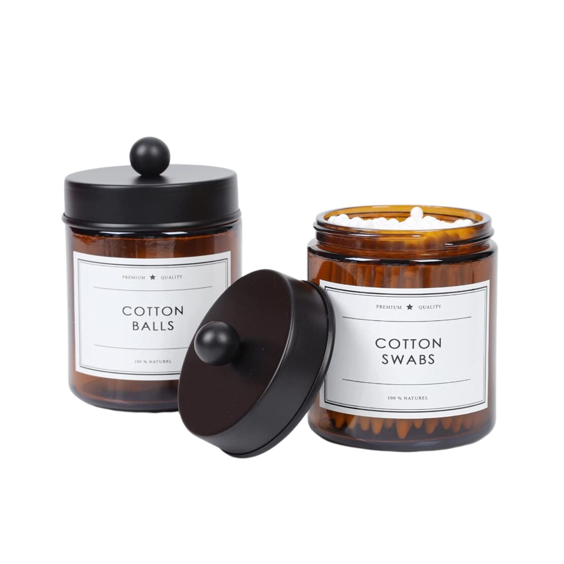 Dua stoples kaca coklat dengan tutup hitam