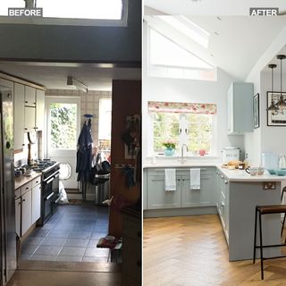 galley kitchen makeover with pale blue cabinets roof lantern and parquet flooring