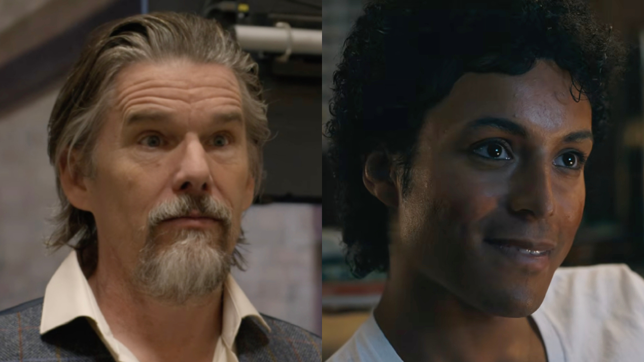 Ethan Hawke and Jafaar Jackson from Michael in a side-by-side photo.