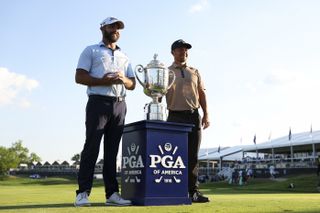 Braden Shattuck and Xander Schauffele at the PGA Championship trophy ceremony