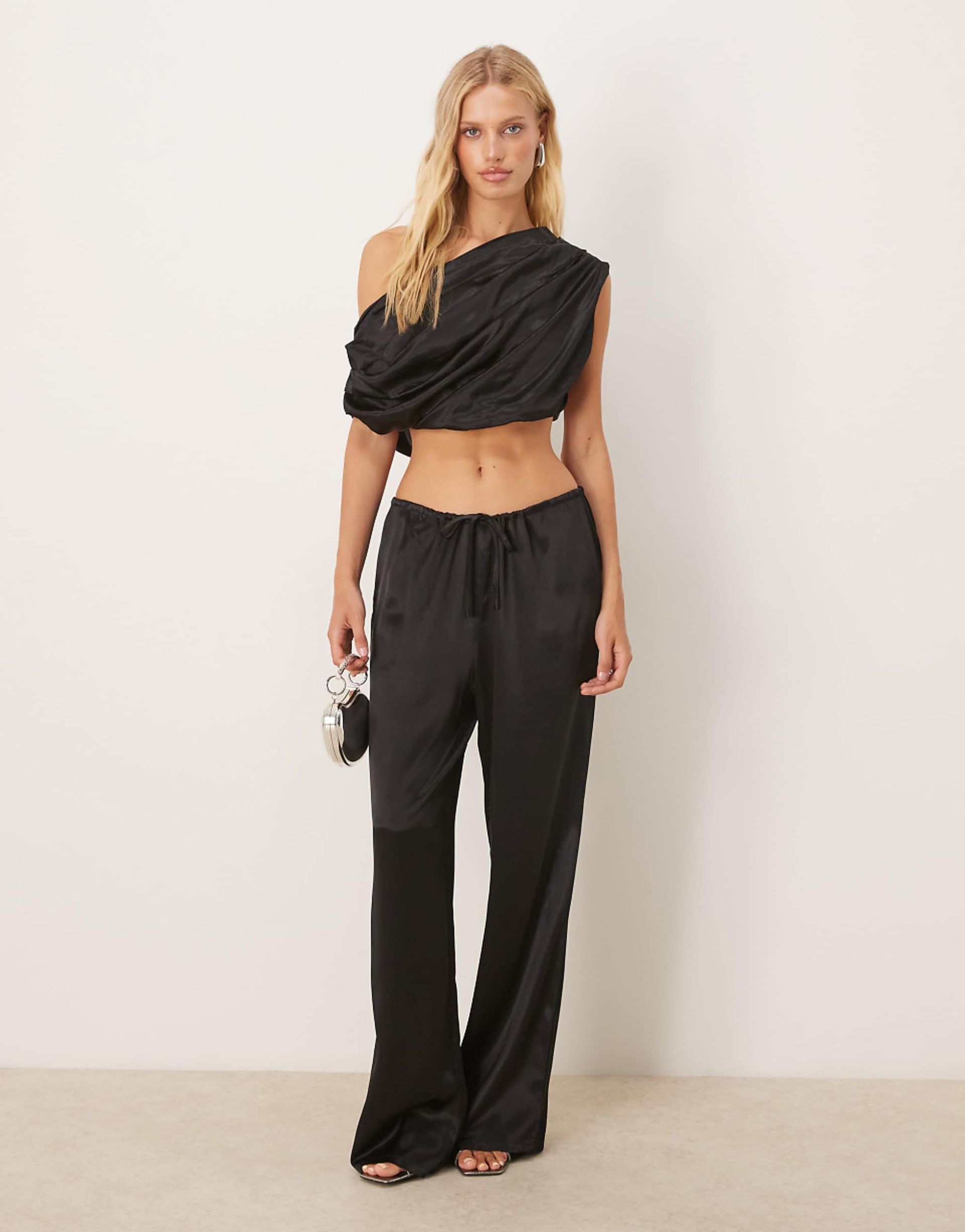 Sndys Satin Drawstring Wide Leg Trouser Co-Ord in Black