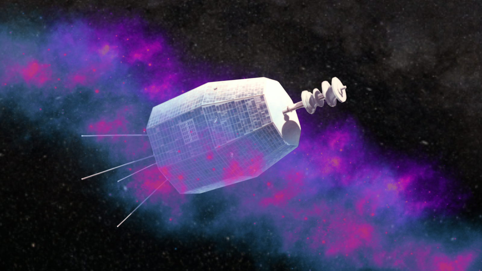 Una nave espacial contra una nube de humo púrpura y azul