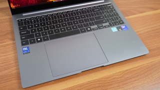 Angled photo of the keyboard and touchpad on the Samsung Galaxy Book 5 Pro.