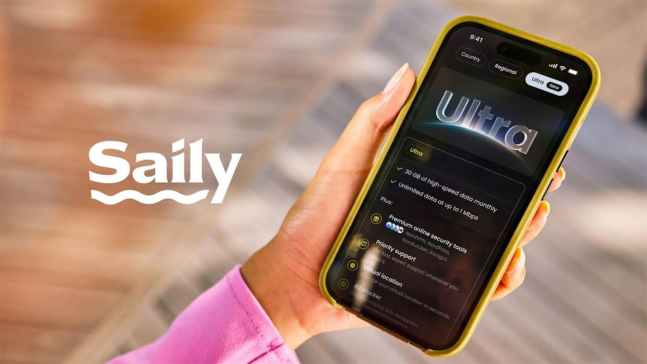 Person holding a smartphone displaying Saily Ultra eSIM plan