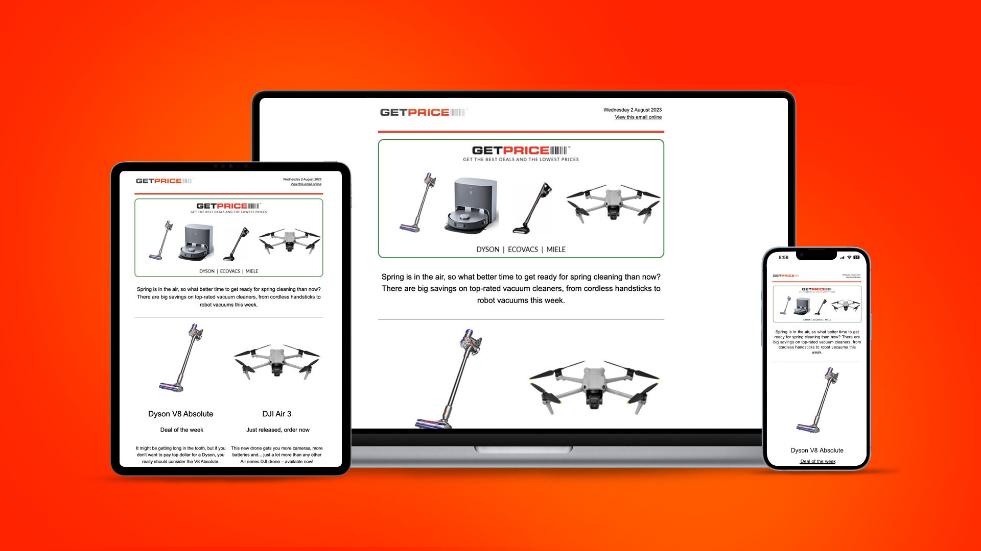 The Getprice newsletter displayed on a laptop, tablet and mobile phone