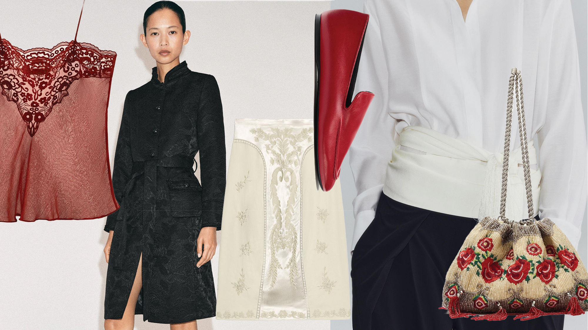 A collage featuring skirts, scarves, bags, shoes, and more from Zara's new October arrivals.