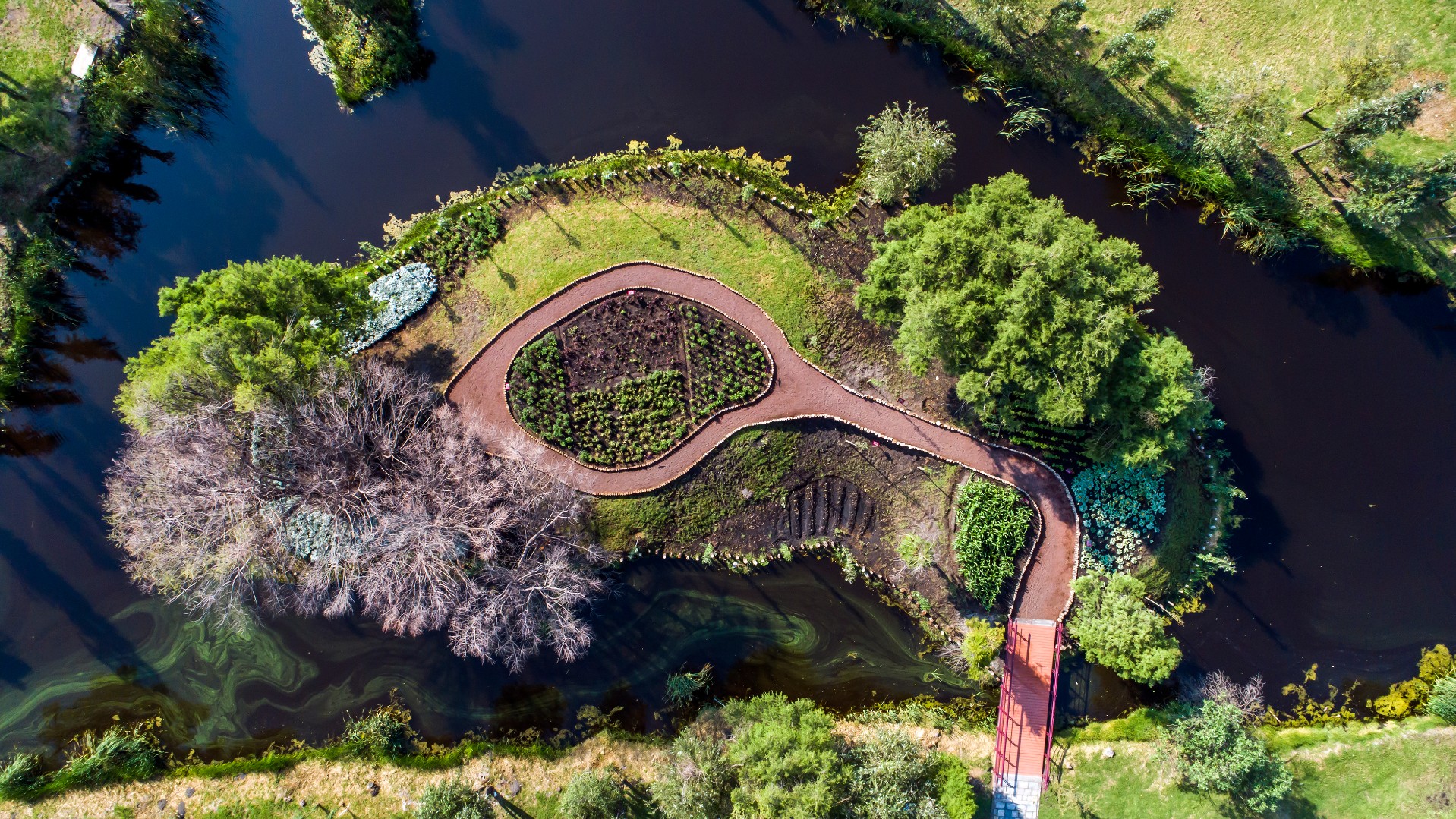 Aerial view of a Chinampa (small, stationary artificial island) at Xochimilco Ecological Park, Mexico City.