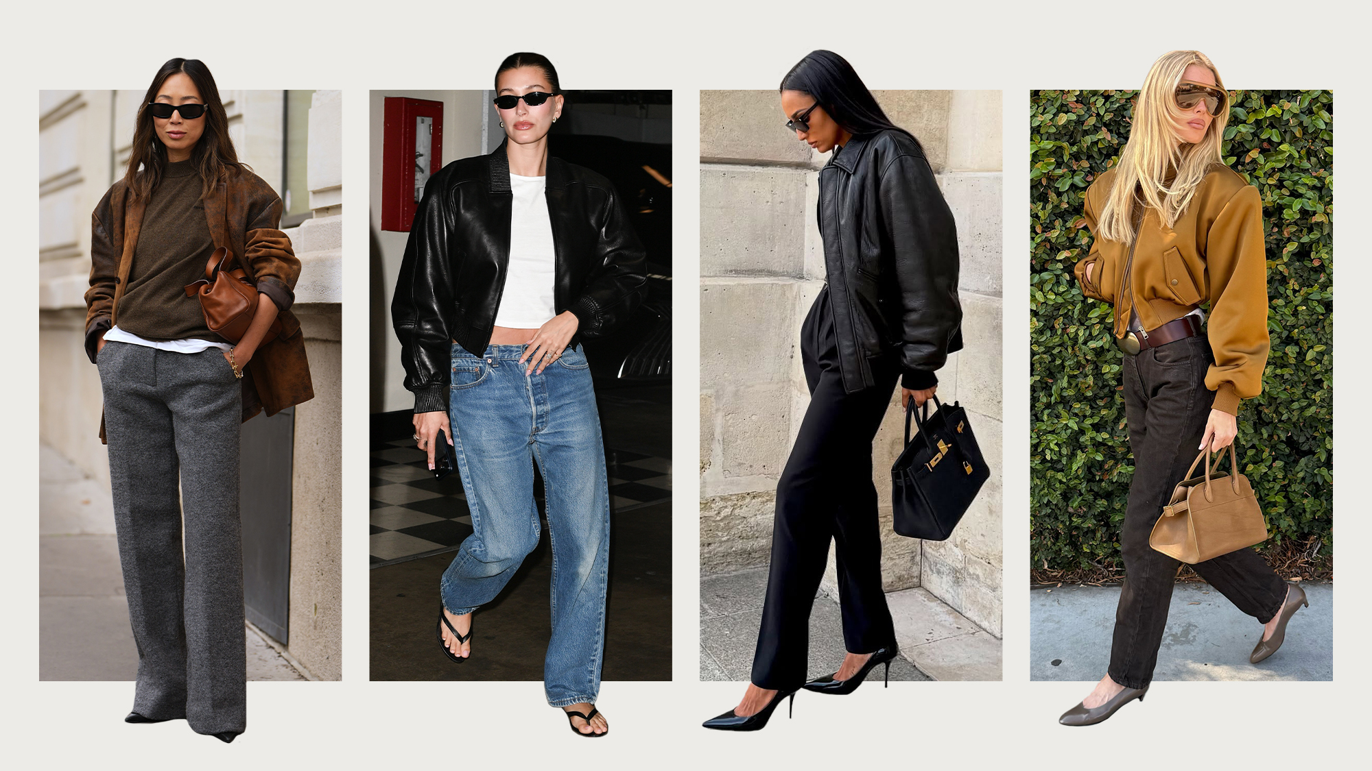 A collage of Aimee Song, hailey bieber, jasmine tookes, and elsa hosk wearing trouser outfits.