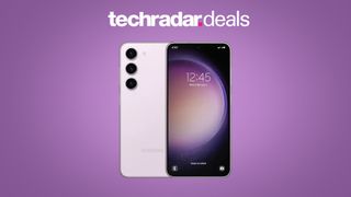 Samsung Galaxy S23 in purple on purple background with TechRadar deals text overlay