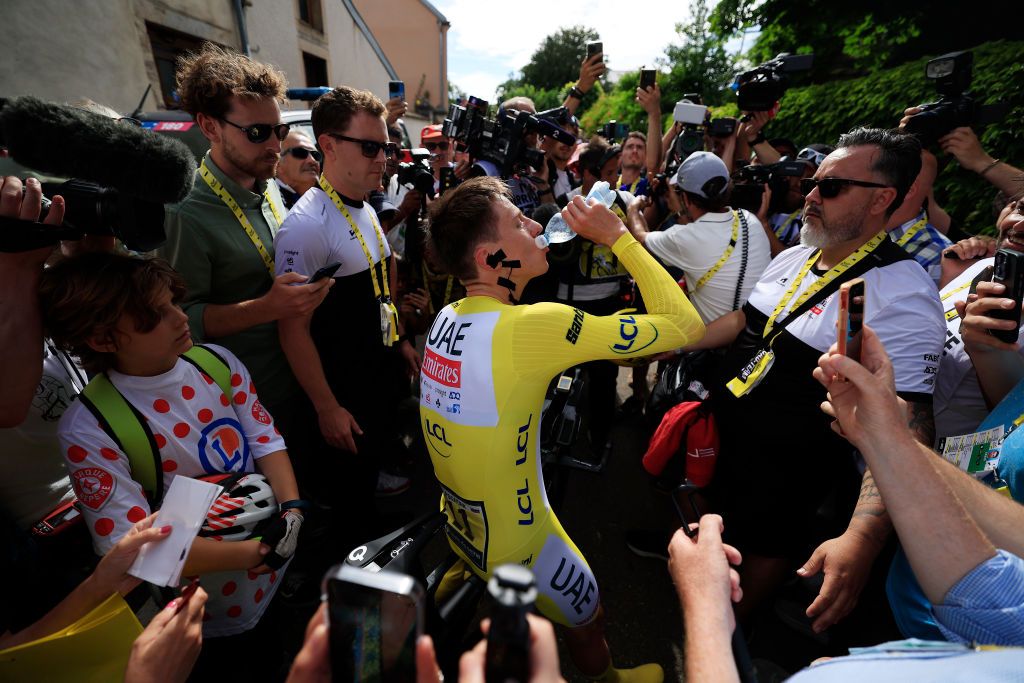 GEVREYCHAMBERTIN FRANCE JULY 05 Tadej Pogacar of Slovenia and UAE Team Emirates Yellow Leader Jersey reacts after the 111th Tour de France 2024 Stage 7 a 253km individual time trial stage from NuitsSaintGeorges to GevreyChambertin UCIWT on July 05 2024 in GevreyChambertin France Photo by Guillaume Horcajuelo PoolGetty Images