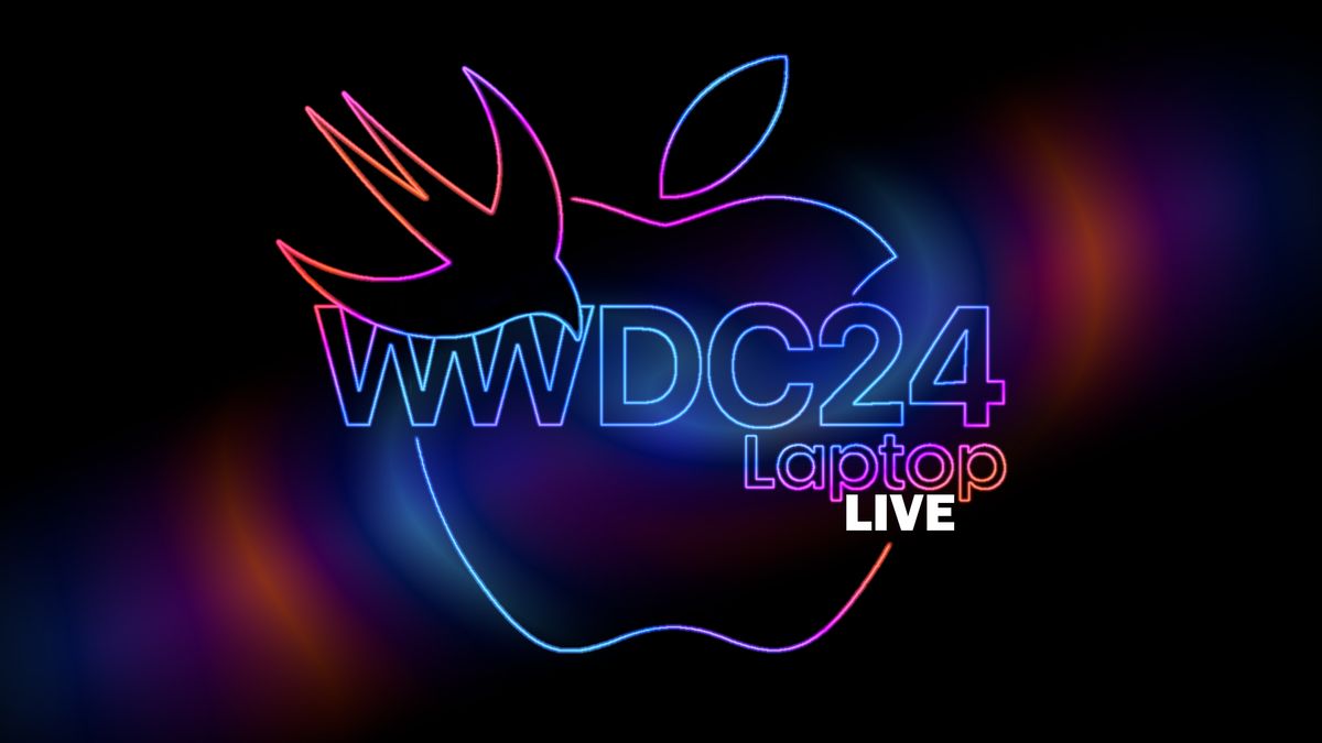 WWDC 2024 Laptop Mag live blog lede image showing neon-like Apple logo with Swift programming language logo and &quot;WWDC24 Laptop Live&quot; written through the middle of the image.