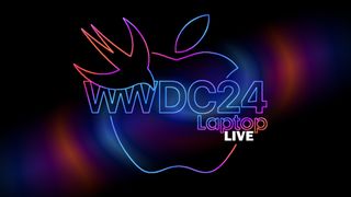 Laptop Mag WWDC live blog lede image showing neon-like Apple logo with Swift programming language logo and "WWDC24 Laptop Live" written through the middle of the image.