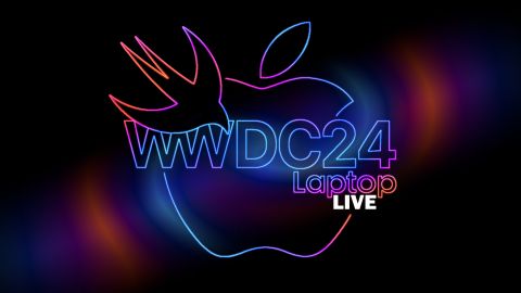 WWDC 2024 Laptop Mag live blog lede image showing neon-like Apple logo with Swift programming language logo and "WWDC24 Laptop Live" written through the middle of the image.