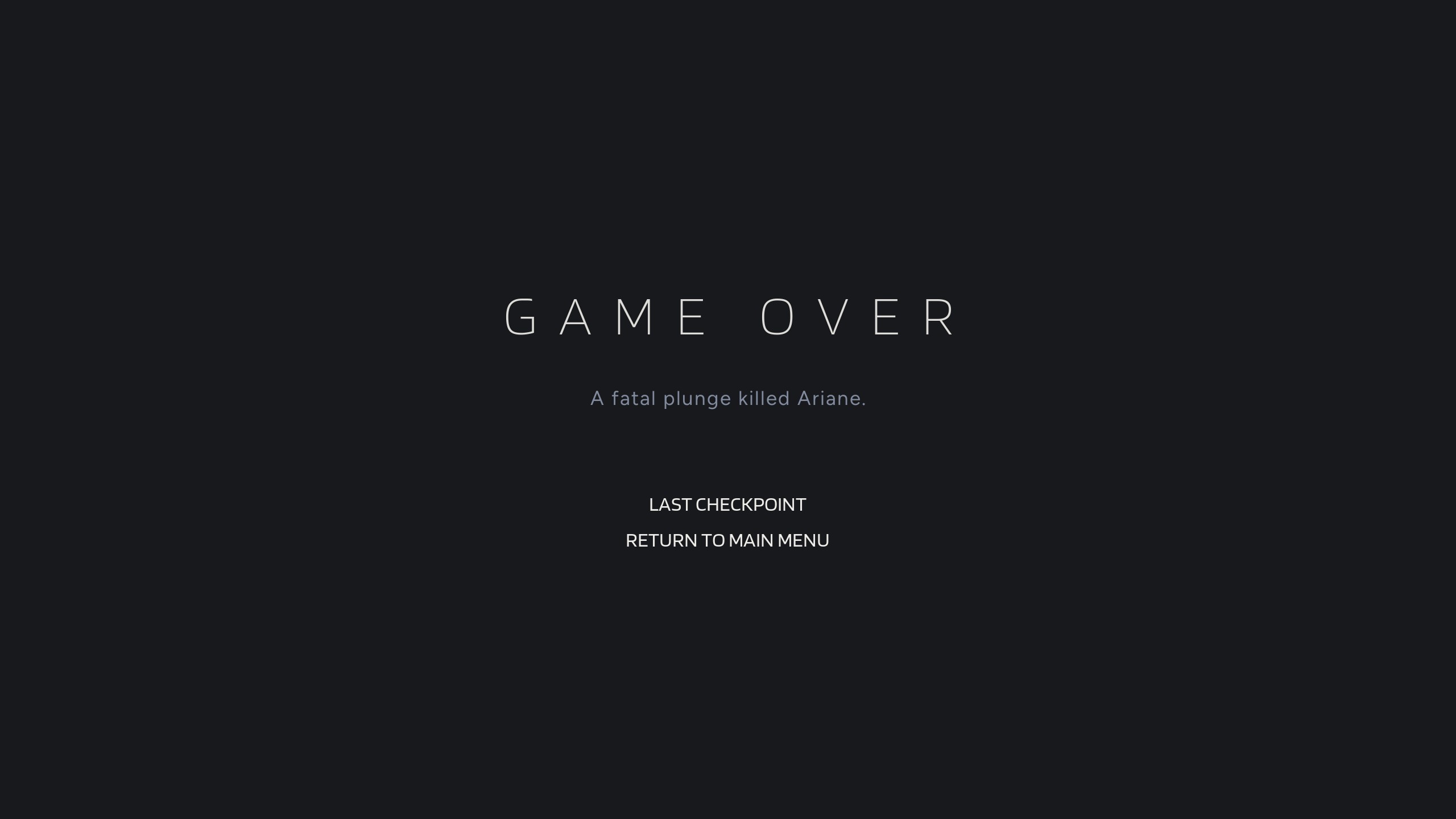 The Aphelion Game Over screen, "A fatal plunge has killed Ariane"