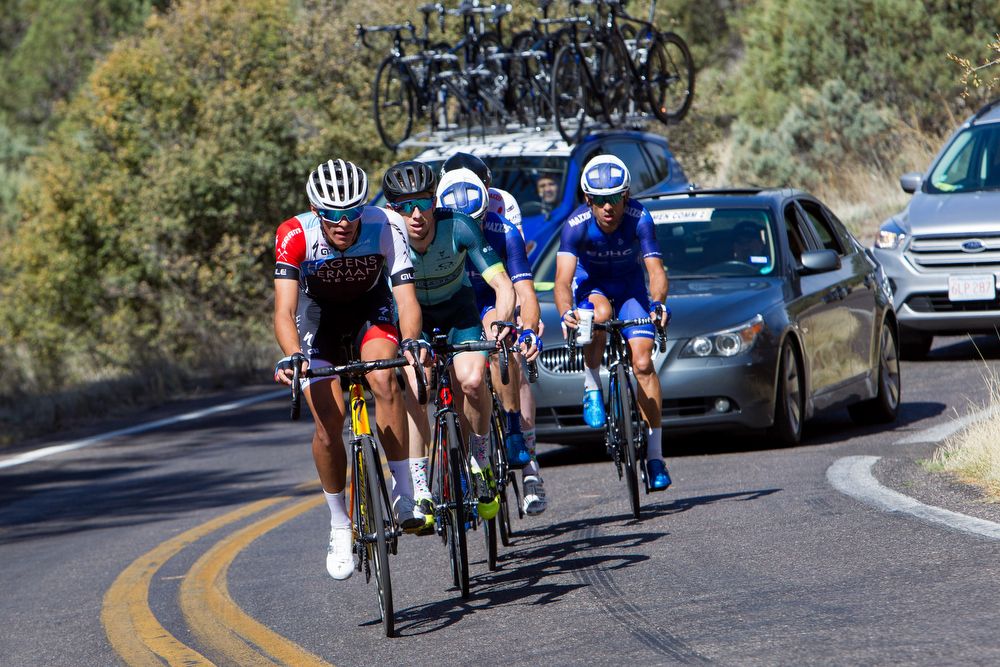 Chris Blevins (Hagens Berman Axeon) on the front of the breakaway during stage 2 at Tour of the Gila.