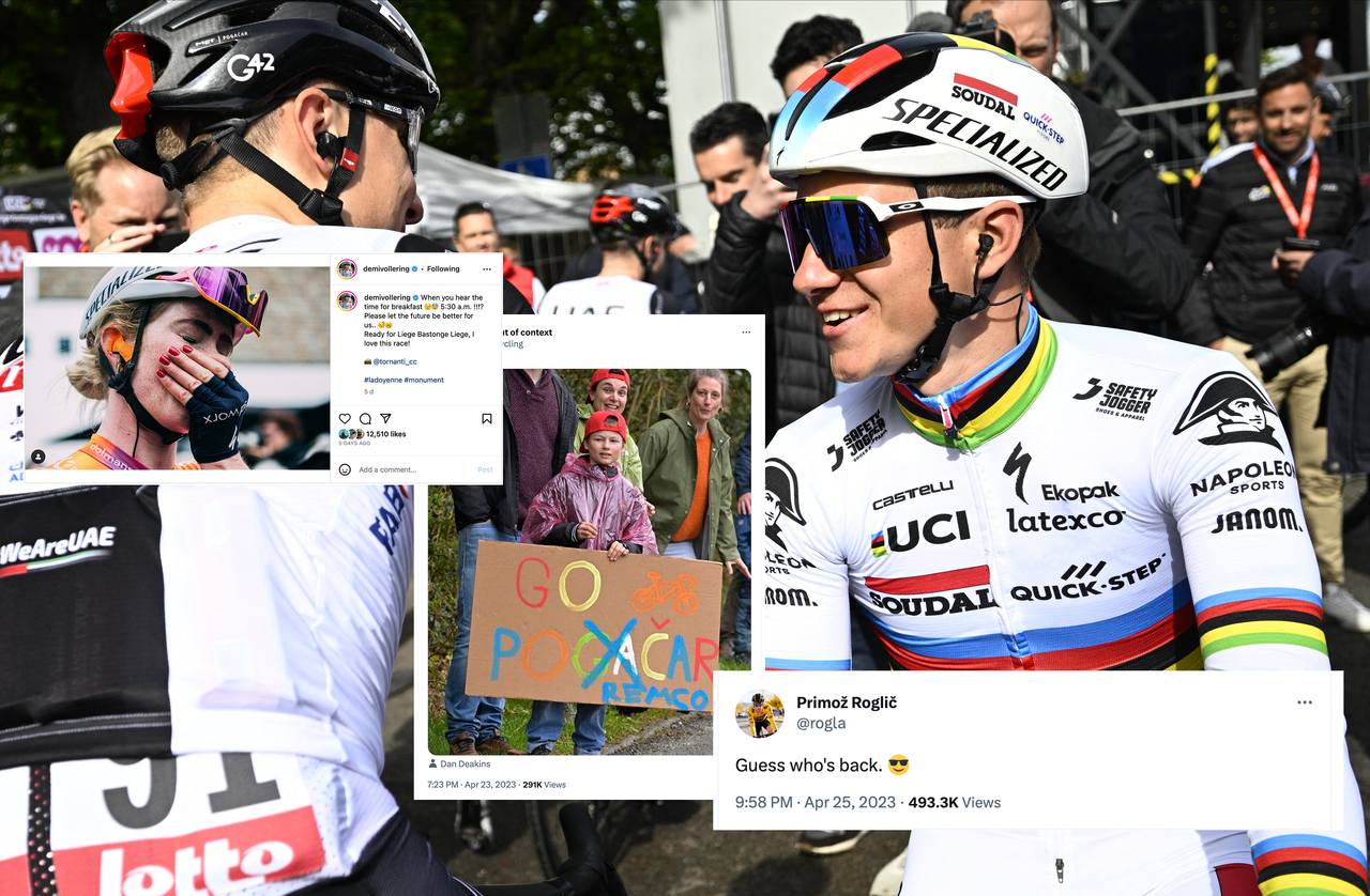 Remco Evenepoel and Tadej Pogačar with tweets overlaid