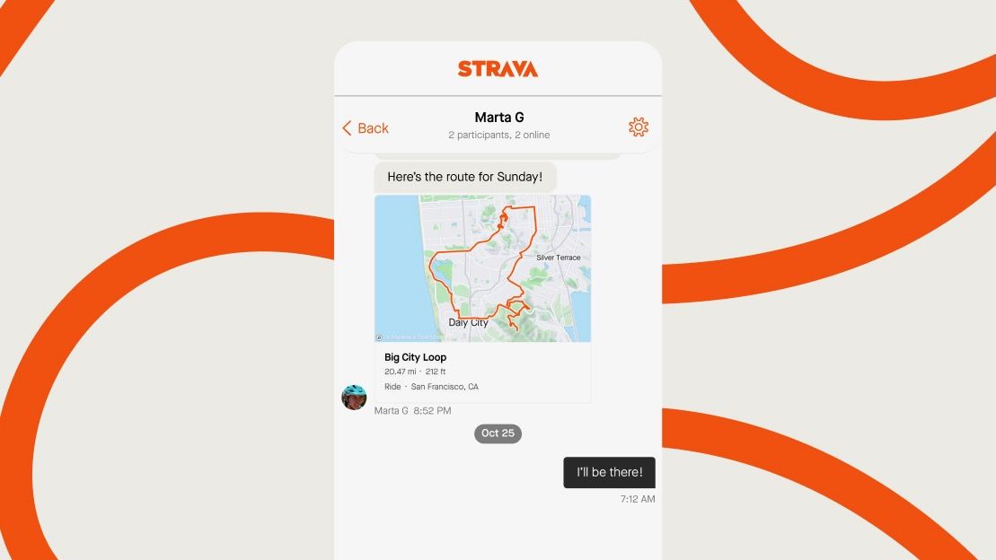 Strava Messaging official mock-up in front of an orange Strava logo