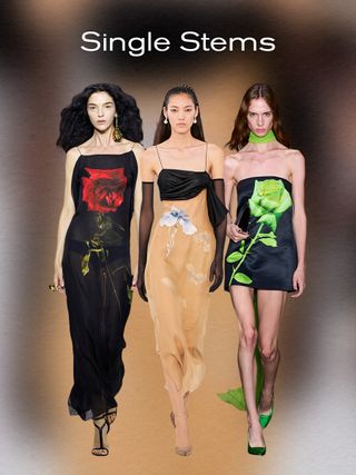 spring print trend: single stem floral motif, models wearing floral prints in spring/summer 2024 collections
