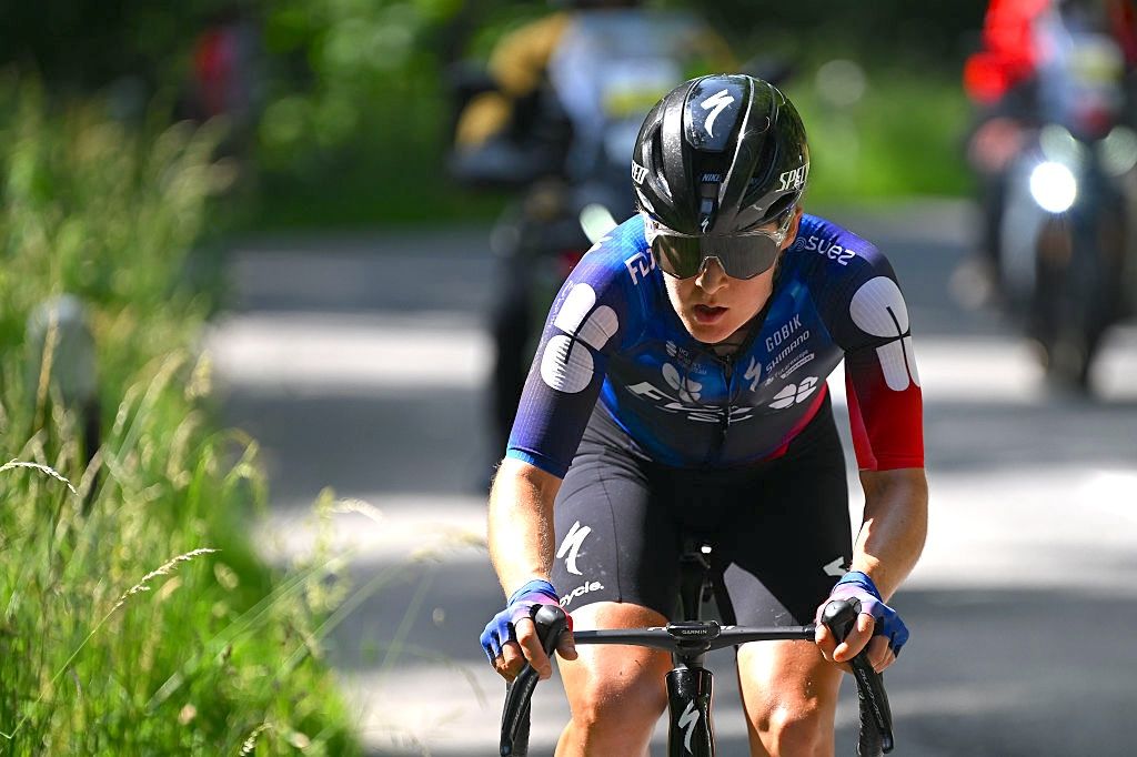 Amber Kraak of Netherlands and Team FDJ - SUEZ attacks in the breakaway during the 5th Tour de Suisse Women 2025, Stage 2 a 161.7km stage from Gstaad to Oberkirch 1047m / #UCIWWT / on June 13, 2025 in Oberkirch, Switzerland. (Photo by Tim de Waele/Getty Images)
