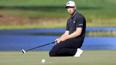 Daniel Berger sinks to his knees after missing another putt in his disappointing final round of the Honda Classic which ultimately saw him throw away a five-shot lead