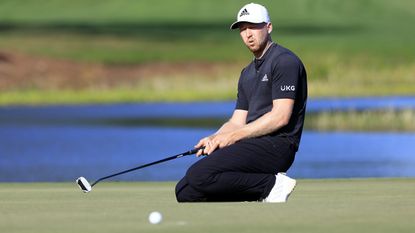 Daniel Berger sinks to his knees after missing another putt in his disappointing final round of the Honda Classic which ultimately saw him throw away a five-shot lead