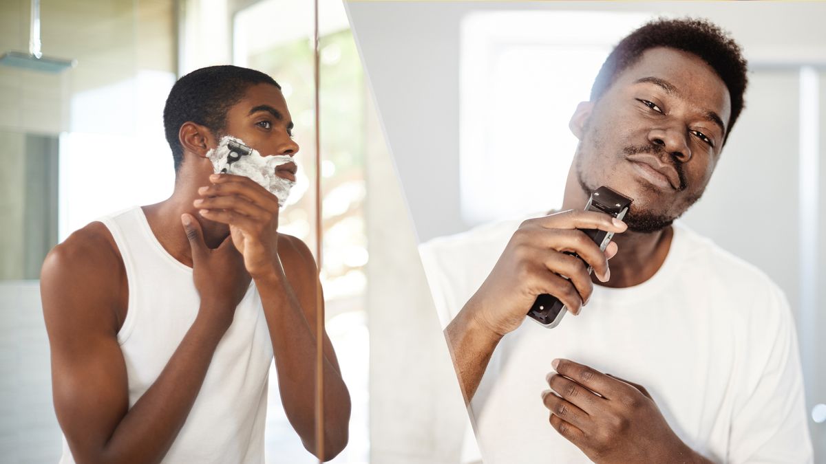 A split shot of two men shaving with a manual and electric razor