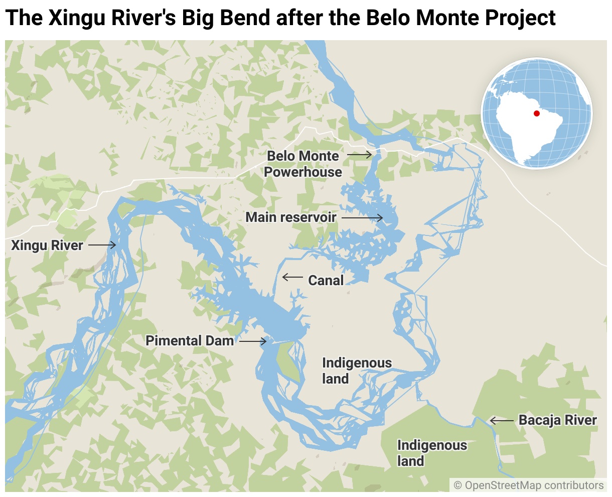 OpenStreetMap maps of the affected areas after the Belo Monte Project.