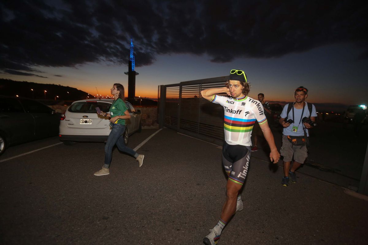 Peter Sagan (Tinkoff-Saxo) arrives at the Tour de San Luis presentation.