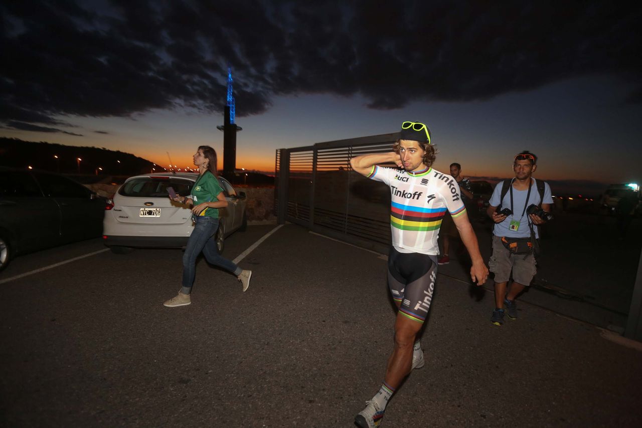 Peter Sagan (Tinkoff-Saxo) arrives at the Tour de San Luis presentation.