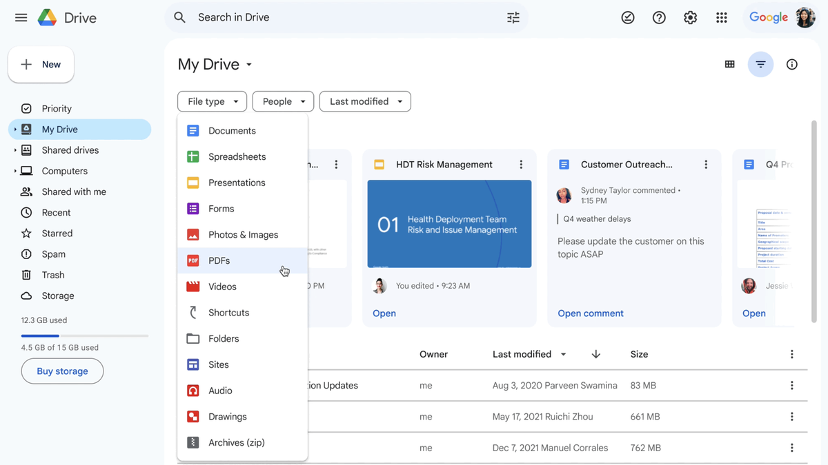 Google Drive search chips