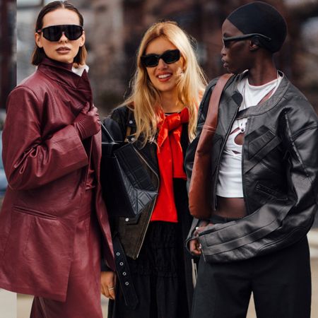 Woman wearing burgundy leather jacket, woman wearing black leather jacket with scarf, woman wearing black racer jacket with cut-out top 