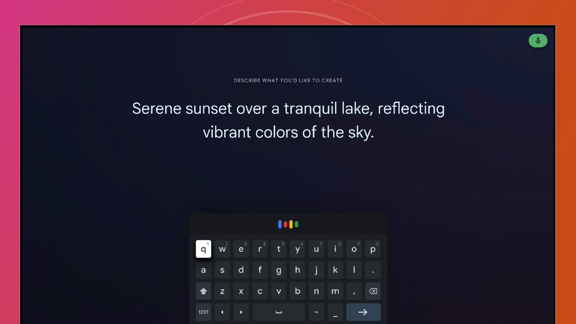 A TV on an orange and red background showing a description of an AI-generated screensaver on Google TV