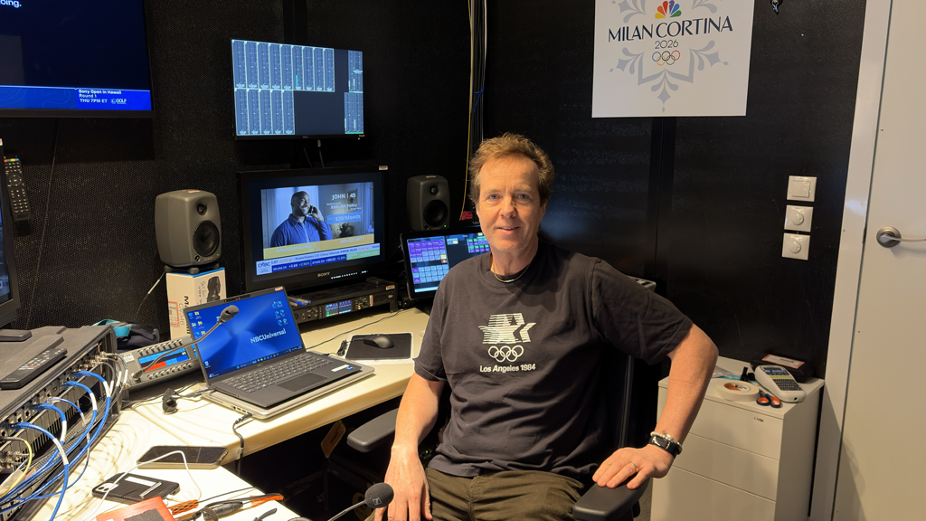 Karl Malone at one of the audio mixing desks at NBC&amp;rsquo;s broadcast facility in Milan-Cortina.