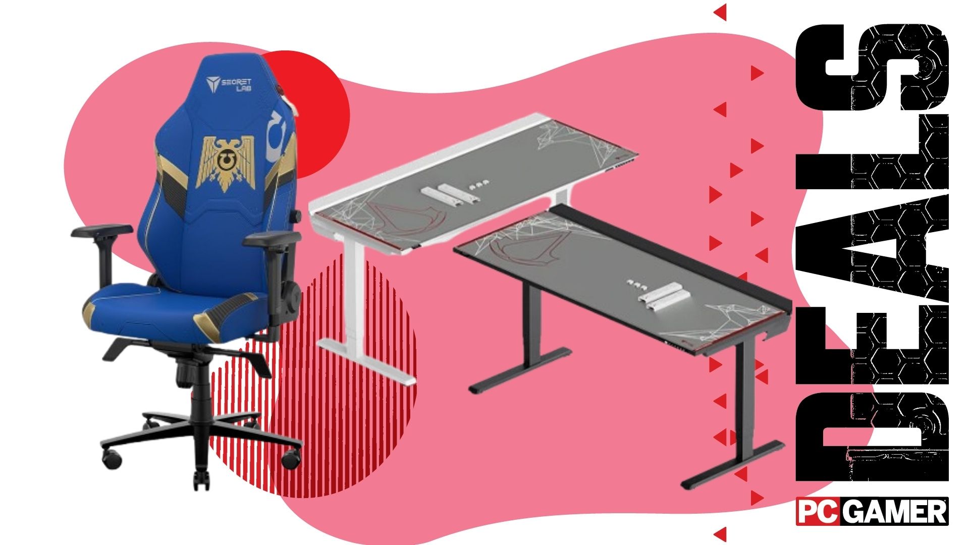 Secretlab Titan Evo and Magnus Pro on a pink deals background