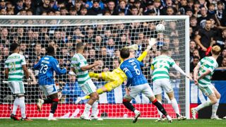 Dan Neil scoring for Rangers against Celtic in the Old Firm Derby at Ibrox Stadium on September 13, 2026, in Glasgow, Scotland