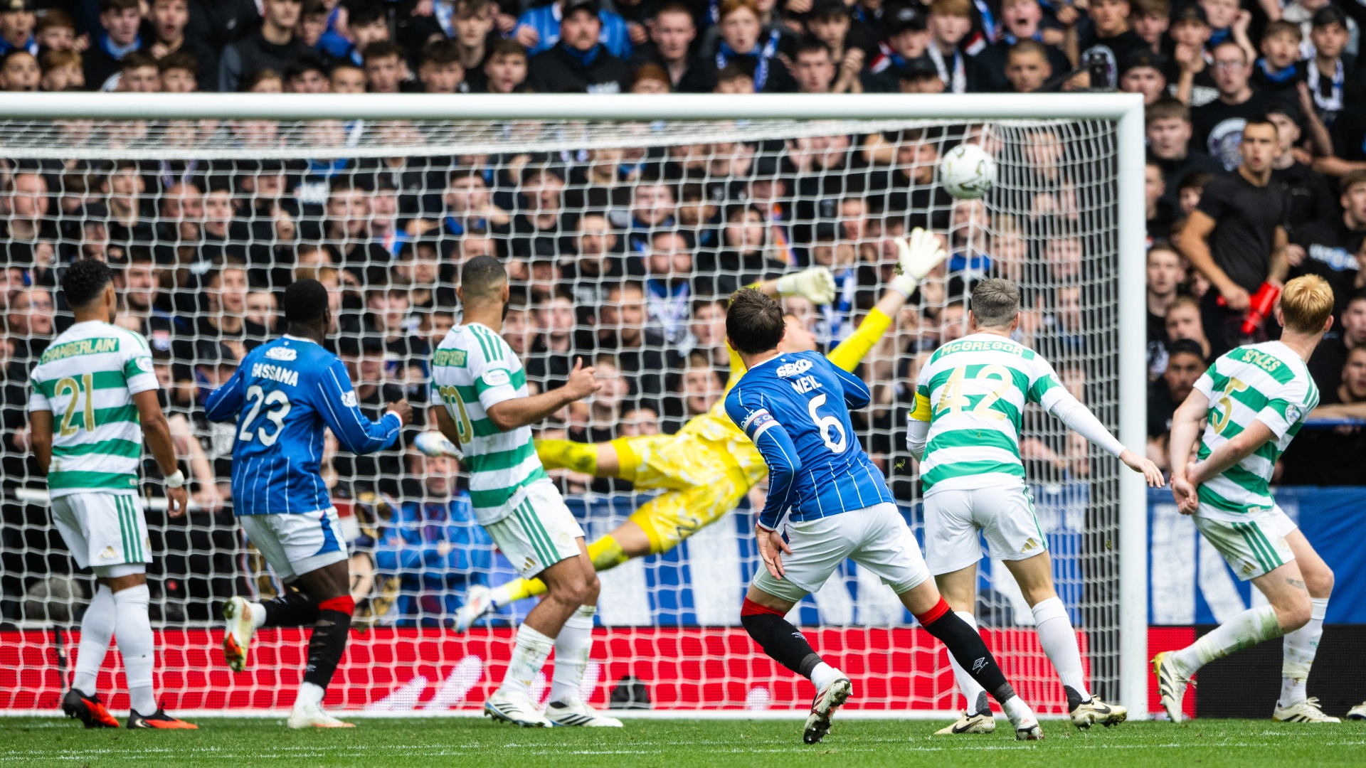 Dan Neil scoring for Rangers against Celtic in the Old Firm Derby at Ibrox Stadium on September 13, 2026, in Glasgow, Scotland