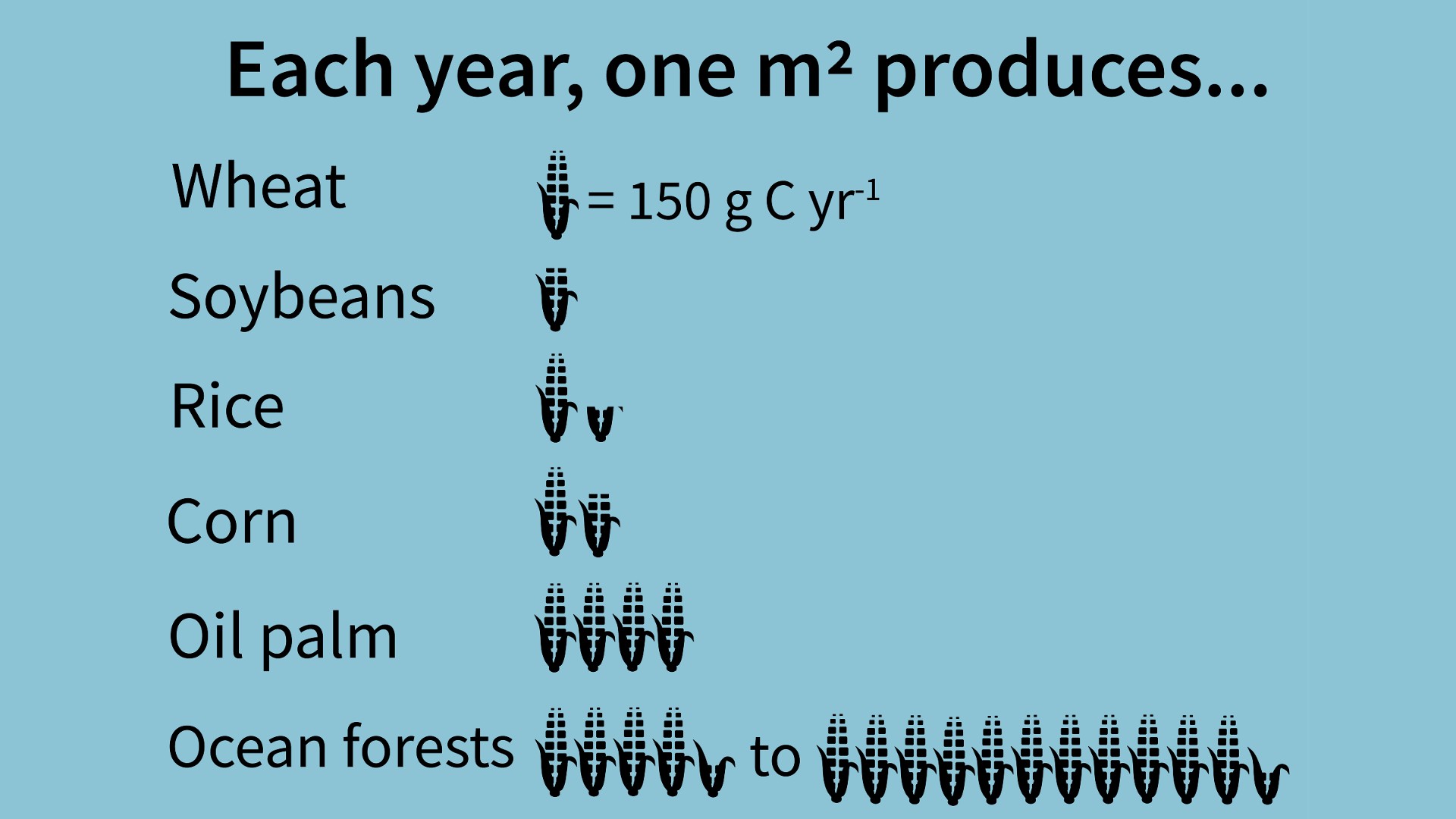 Biomass production of different crops and ocean forests (in grams of carbon per metre squared per year). Data derived from Pessarrodona et al. 2022 and the Food and Agriculture Organization.