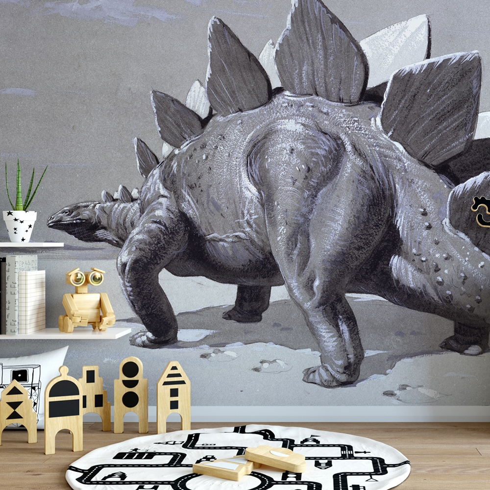 Dragon wallpaper on wall with wooden flooring with potted plants