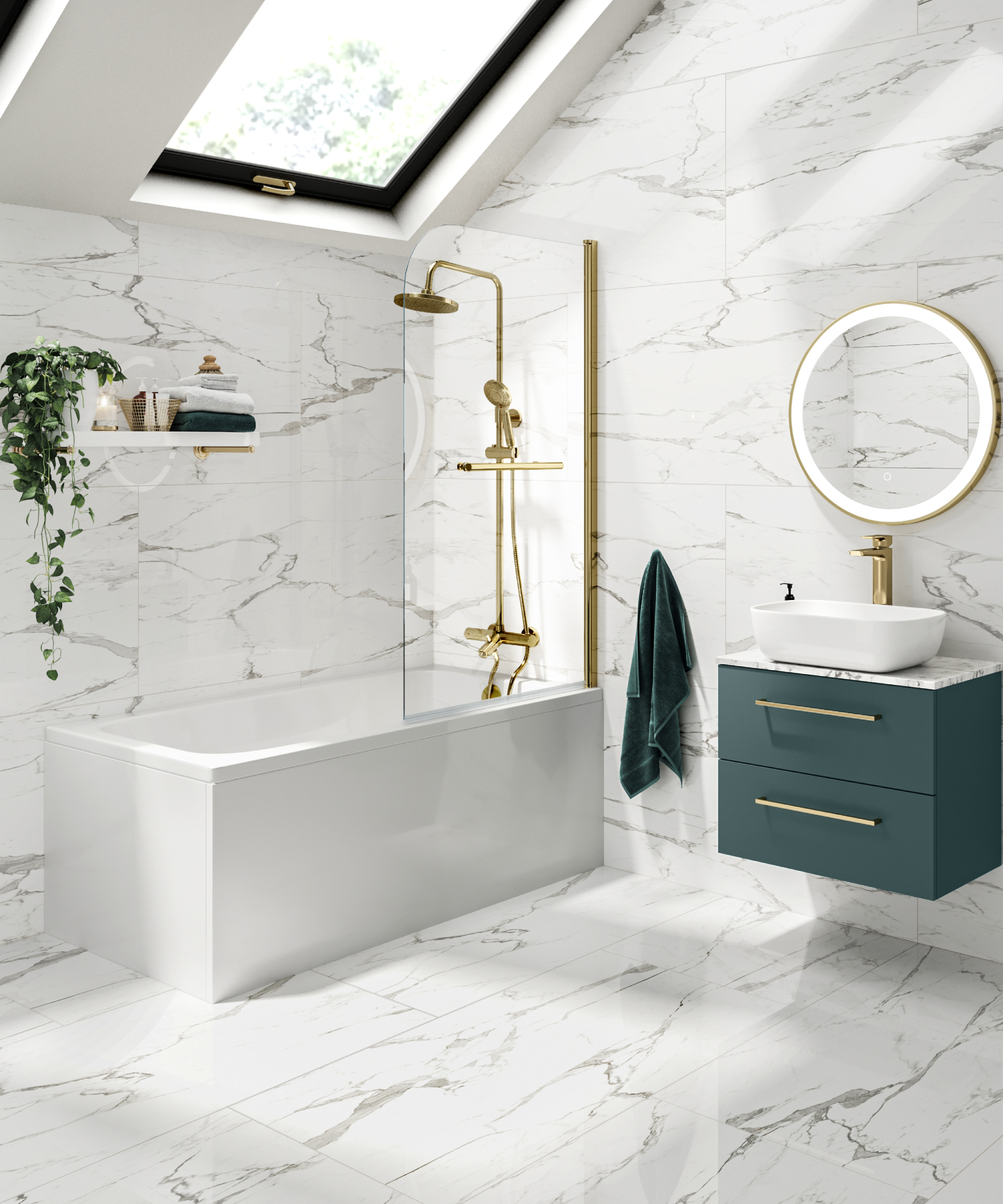 velux loft conversion bathroom with black framed rooflights, marble walls and floor, bath with shower over and dark teal vanity unit