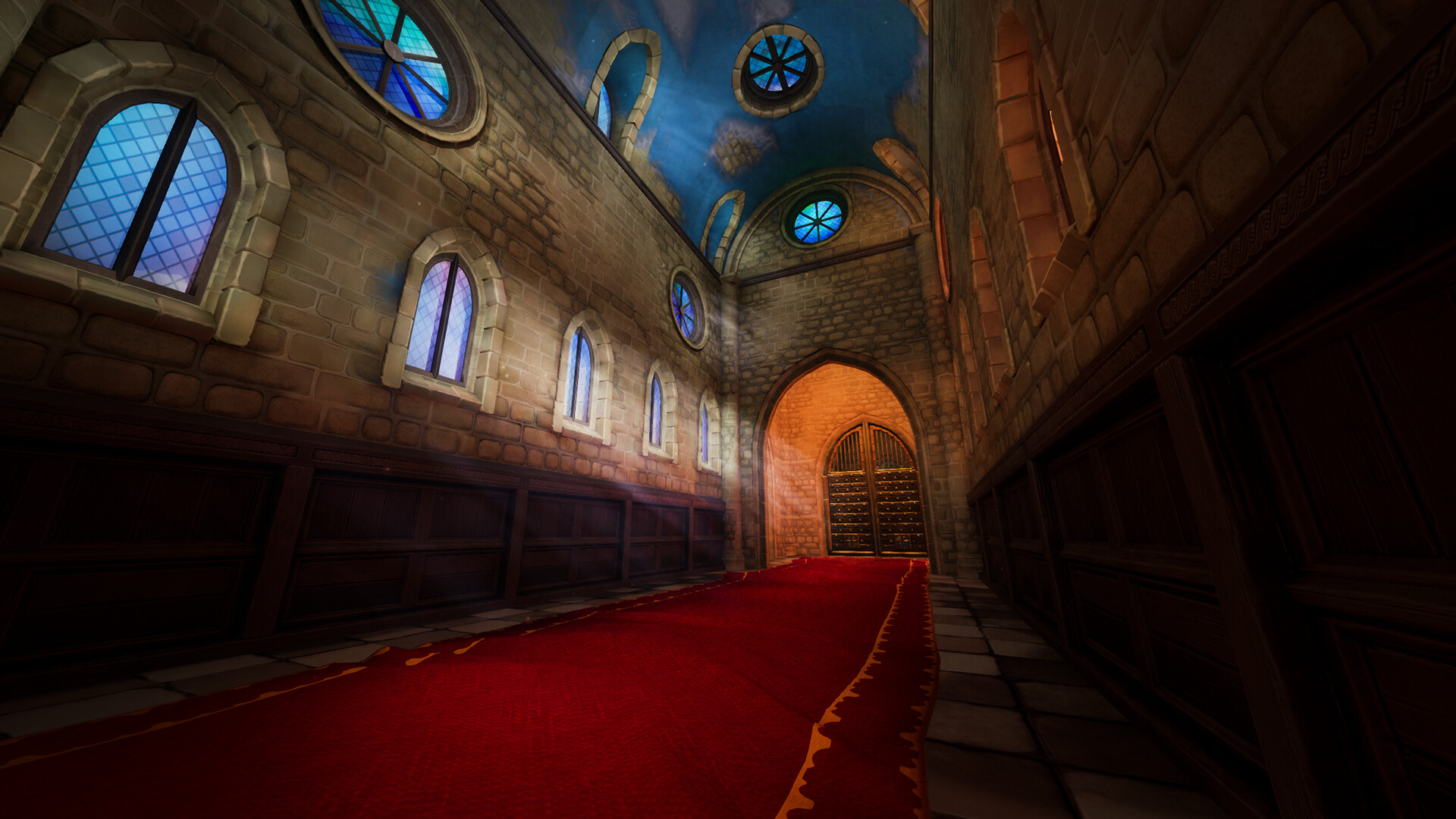 Castle hallway with windows and red carpet