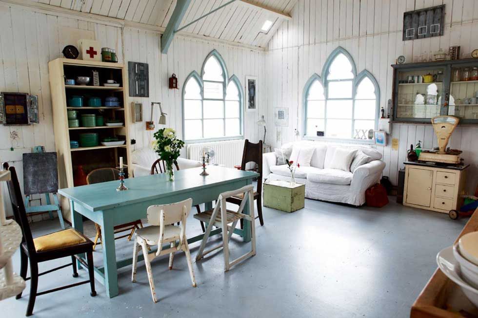 Dining and living area in converted tin chapel